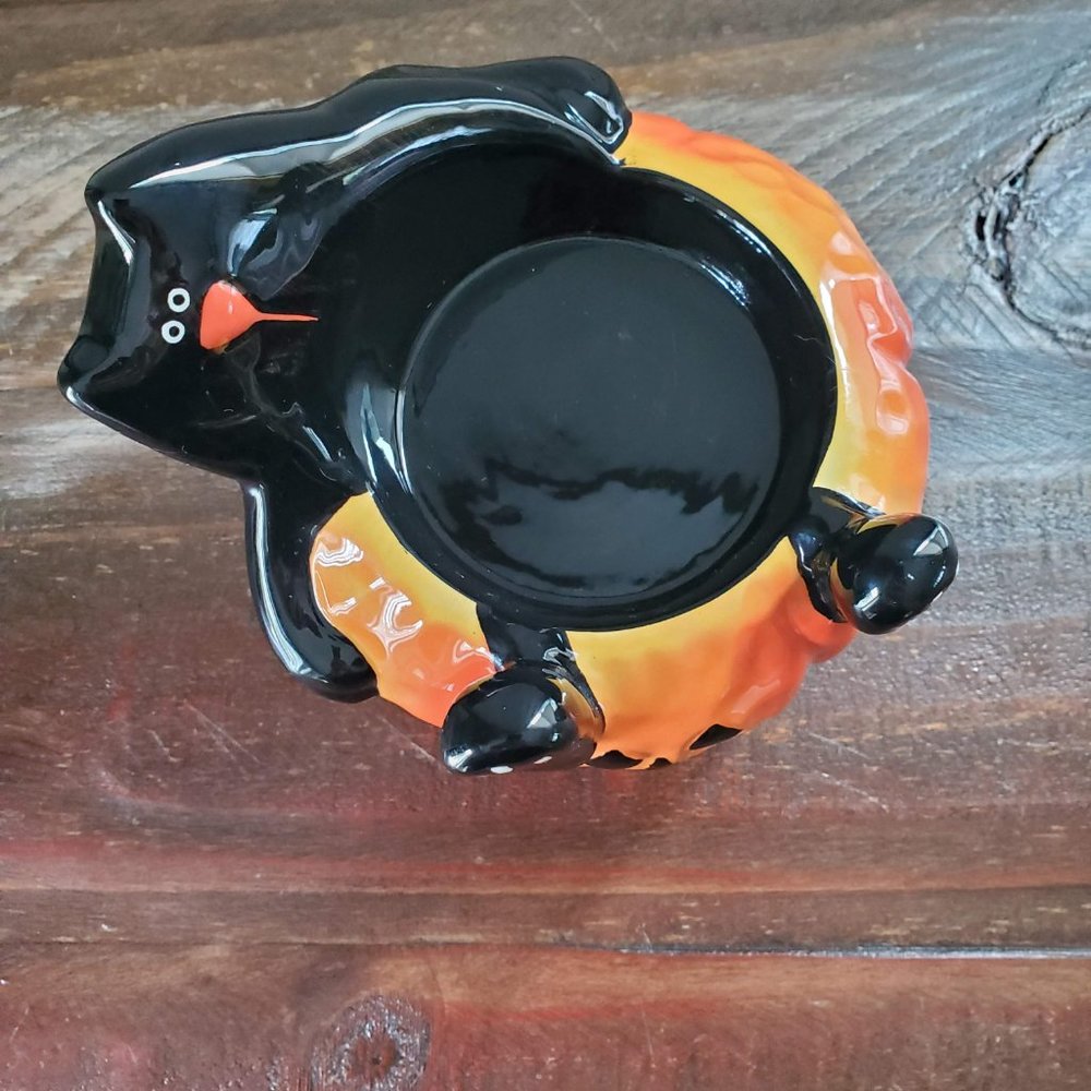 Halloween Black Cat Pumpkin Ceramic Candle Holder - Picture 2 of 8